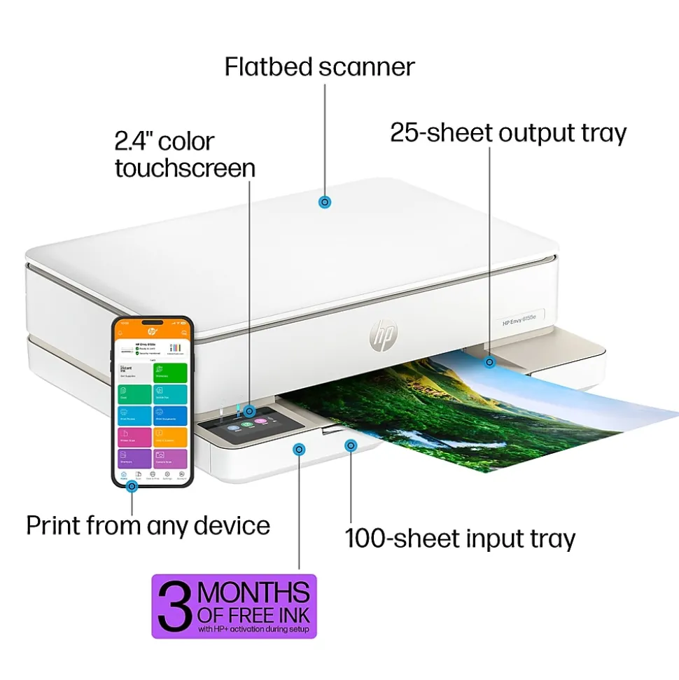 HP Envy 6155e Wireless All-in-One Color Inkjet Printer, Scanner, Copier, Best for Home, 3 months FREE ink with HP+ (714L5A)