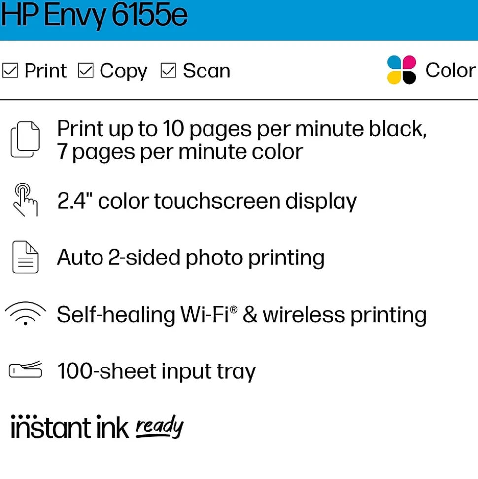 HP Envy 6155e Wireless All-in-One Color Inkjet Printer, Scanner, Copier, Best for Home, 3 months FREE ink with HP+ (714L5A)