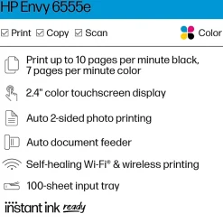 HP Envy 6555e Wireless All-in-One Color Inkjet Printer, Scanner, Copier, Best for home, 3 months FREE ink with HP+ (714N5A)