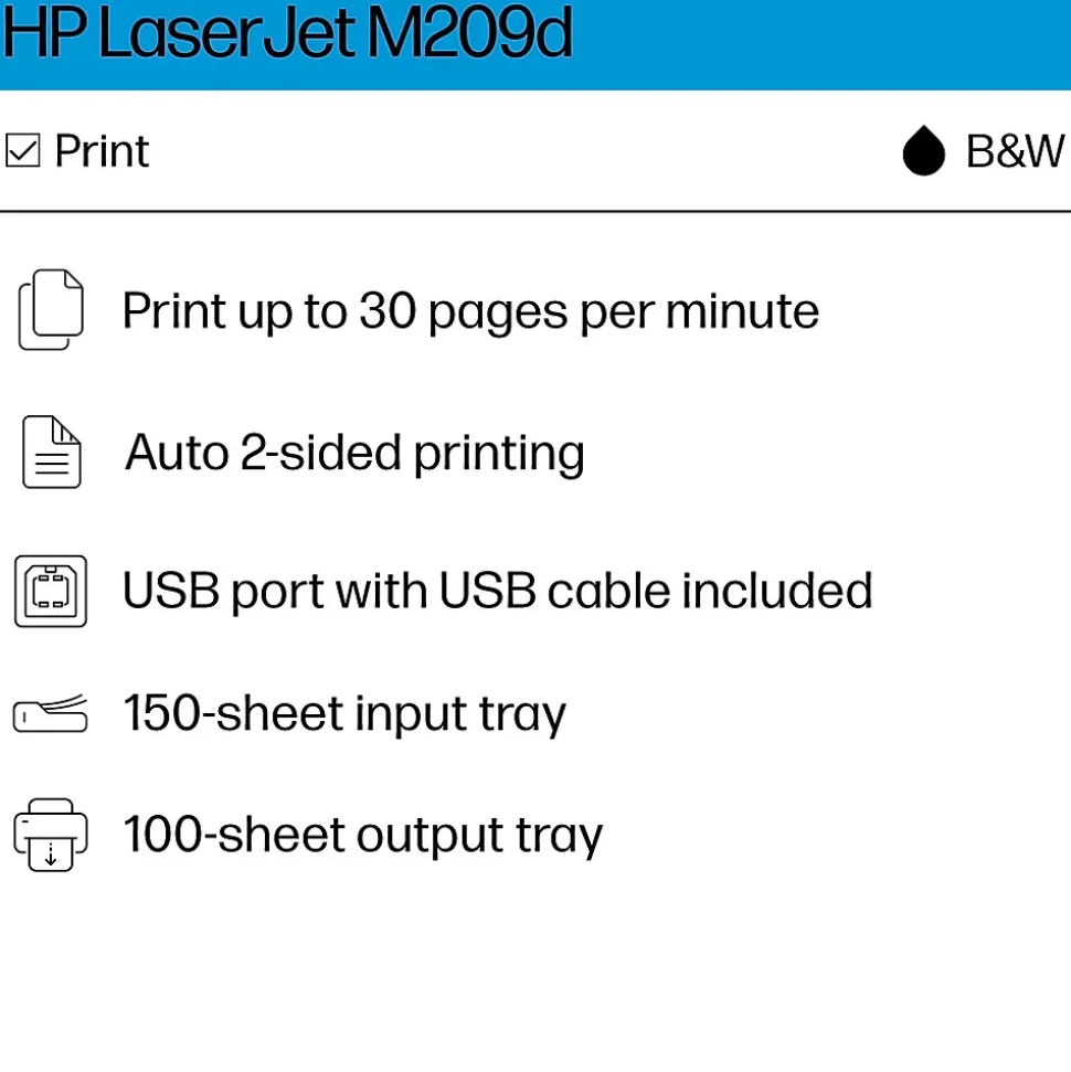 HP LaserJet M209d Black & White Laser Printer, Automatic 2-Sided Printing, USB cable included, Best for Home Office (8J9L0F)