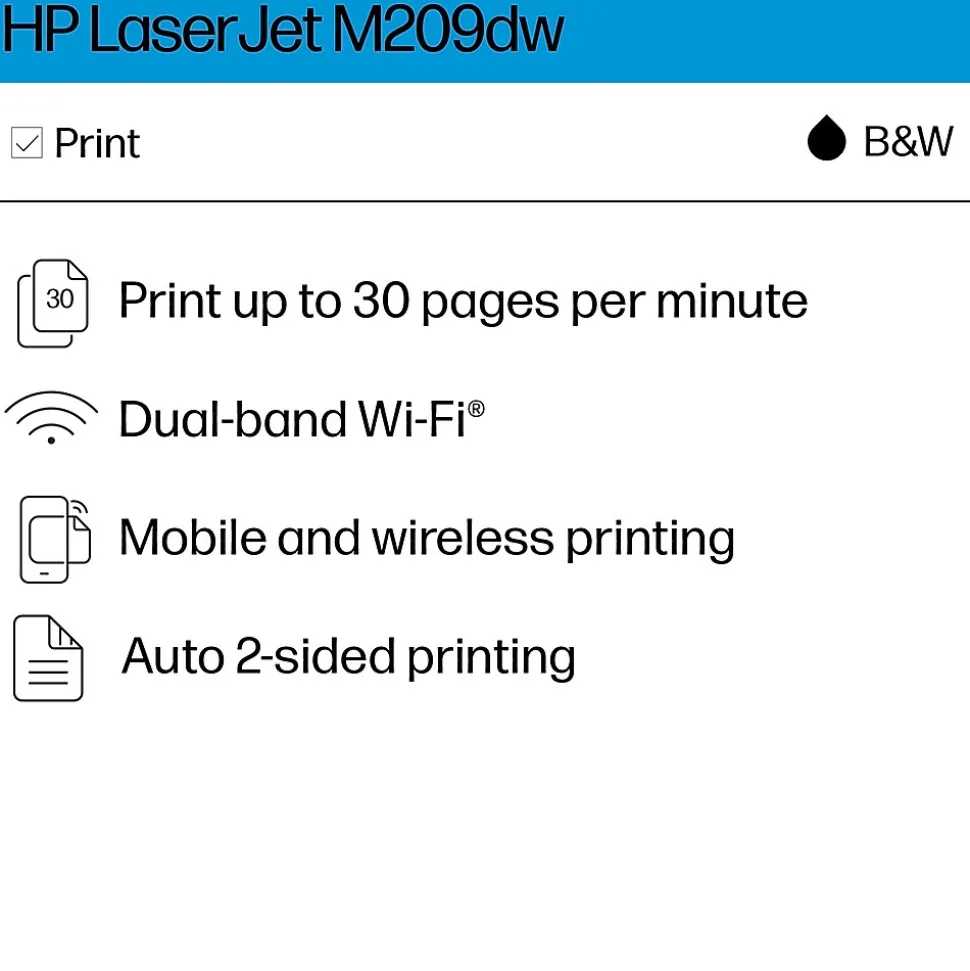 HP LaserJet M209dw Wireless Black & White Laser Printer, Single-Function, Print, Best for Home Office (6GW62F)