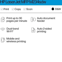 HP LaserJet M234sdw Wireless Black & White Laser Printer, All-In-One, Print, Scan, Copy, Best for Home Office (6GX01F)