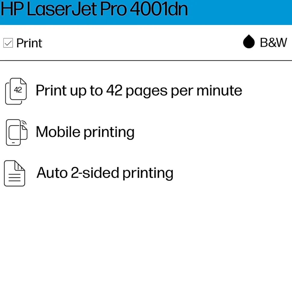 HP LaserJet Pro 4001dn Wired Black & White Laser Printer, Single Function Print, 2-Sided Printing, Best for Office (2Z600F)