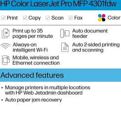 HP LaserJet Pro LJP 4301fdw Wireless Color Laser Printer, All-In-One, Print, Scan, Copy, Fax (4RA82F)