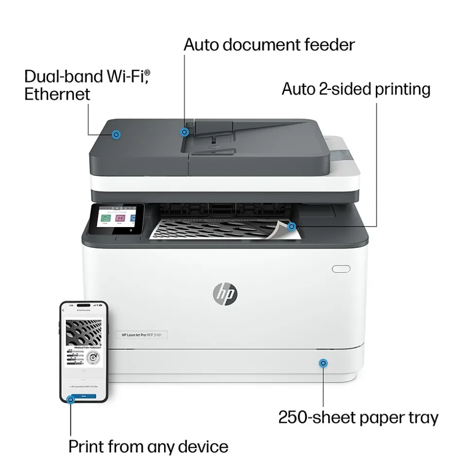 HP LaserJet Pro MFP LJP 3101fdw Wireless Black & White Laser Printer, All-In-One, Print, Scan, Copy, Fax (3G628F)