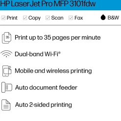 HP LaserJet Pro MFP LJP 3101fdw Wireless Black & White Laser Printer, All-In-One, Print, Scan, Copy, Fax (3G628F)
