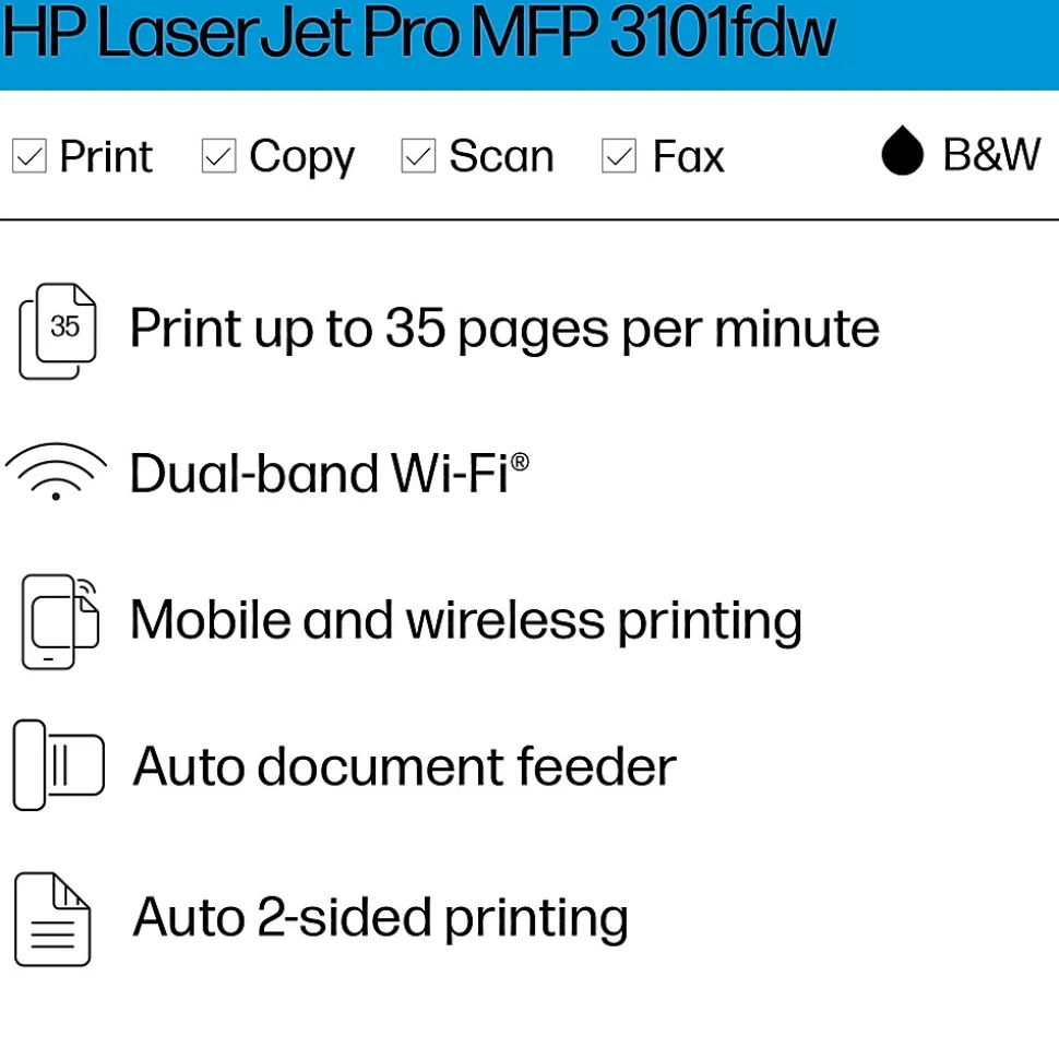 HP LaserJet Pro MFP LJP 3101fdw Wireless Black & White Laser Printer, All-In-One, Print, Scan, Copy, Fax (3G628F)