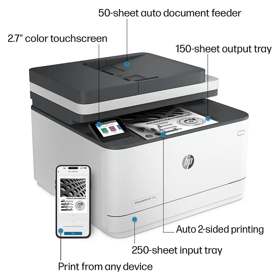 HP LaserJet Pro MFP 3101sdw Wireless Black & White All-in-One Laser Printer, Scanner, Copier, Best for Office (9D2X4F)