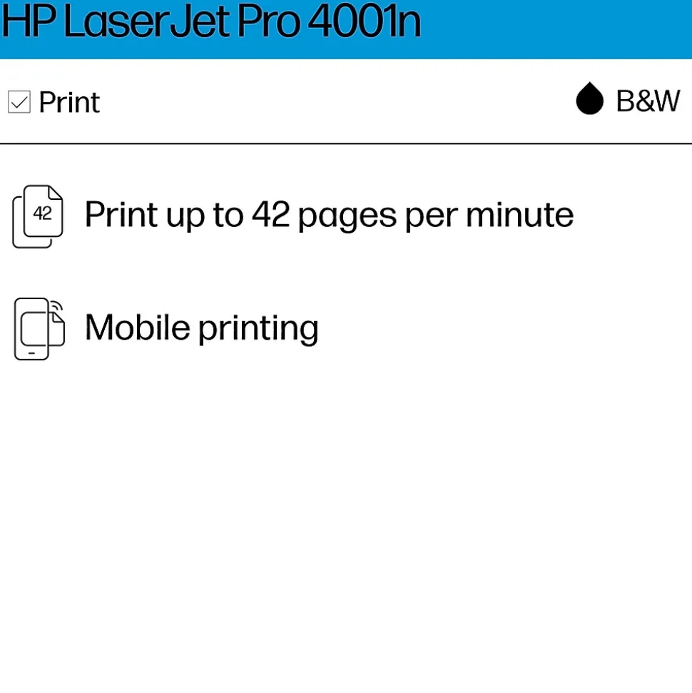 HP LaserJet Pro 4001n Wired Black & White Laser Printer, Single Function Print, Best for Office (2Z599F)