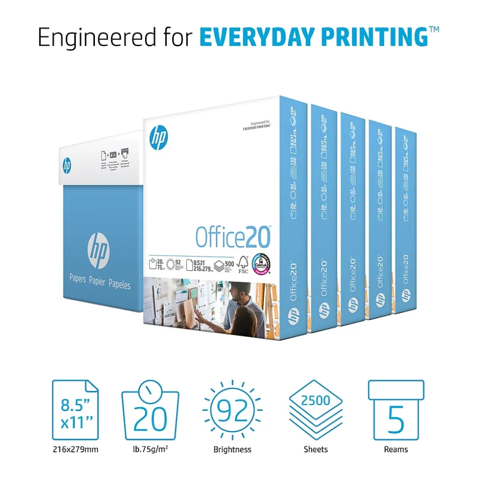 HP Office20 8.5" x 11" Copy Paper, 20 lbs., 92 Brightness, 2500 Sheets/Carton (HPC8511C)