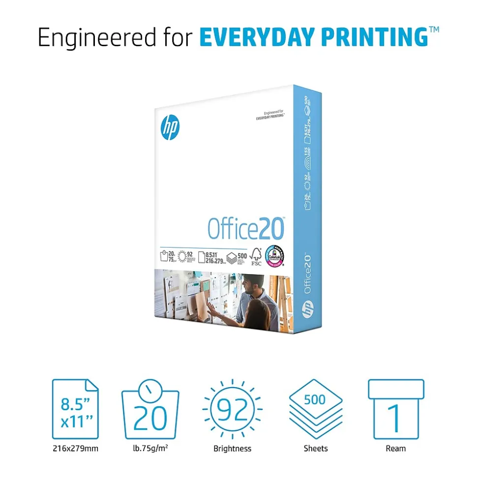 HP Office20 8.5" x 11" Multipurpose Paper, 20 lbs., 92 Brightness, 500 Sheets/Ream (HPC8511)