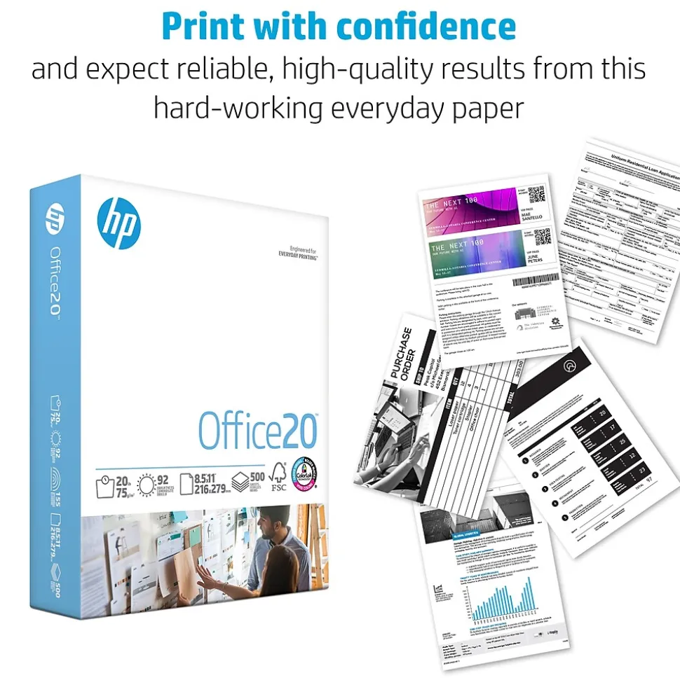 HP Office20 Multipurpose Paper, 8.5" x 11", 20 lbs., White, 500 Sheets/Ream, 10 Reams/Carton (HPC8511)