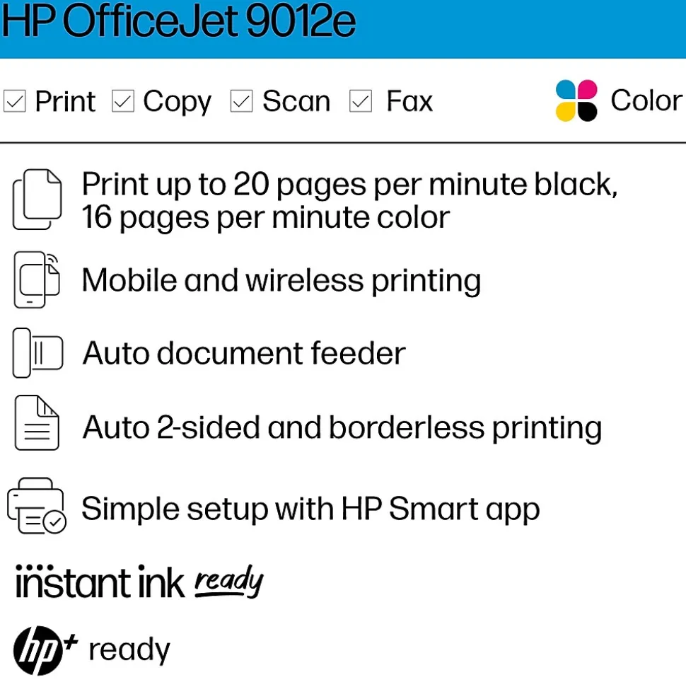 HP OfficeJet 9012e Wireless All-in-One Color Inkjet Printer, Duplex, Best for home office, 6 mo. Instant Ink with HP+ (1G5L4A)