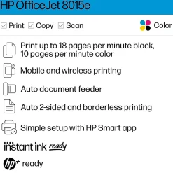 HP OfficeJet 8015e Wireless Color Inkjet Printer, All-In-One, Print, Scan, Copy (228F5A#B1H)