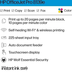HP OfficeJet Pro 8139e Wireless Color Inkjet Printer, All-In-One, Print, Scan, Copy, Fax (40Q51A#B1H)