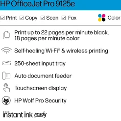 HP OfficeJet Pro 9125e Wireless Color Inkjet Printer, All-In-One, Print, Scan, Copy, Fax (403X0A#B1H)