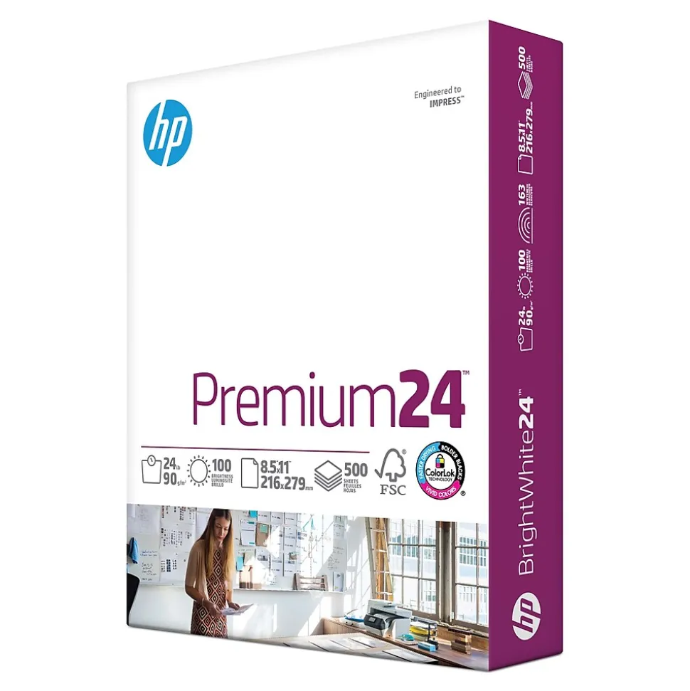 HP Premium24 8.5" x 11" Laser Paper, 24 lbs., 100 Brightness, 500 Sheets/Ream (HPJ1124)