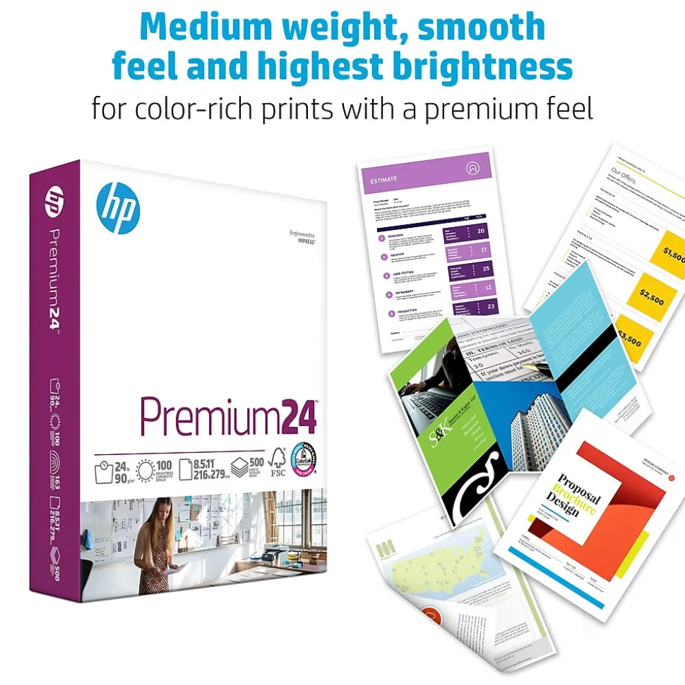 HP Premium24 8.5" x 11" Laser Paper, 24 lbs., 100 Brightness, 500 Sheets/Ream (HPJ1124)