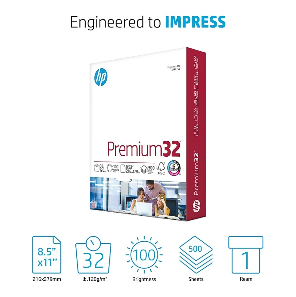 HP Premium32 8.5" x 11" Multipurpose Paper, 32 lbs., 100 Brightness, 500 Sheets/Ream (113100)