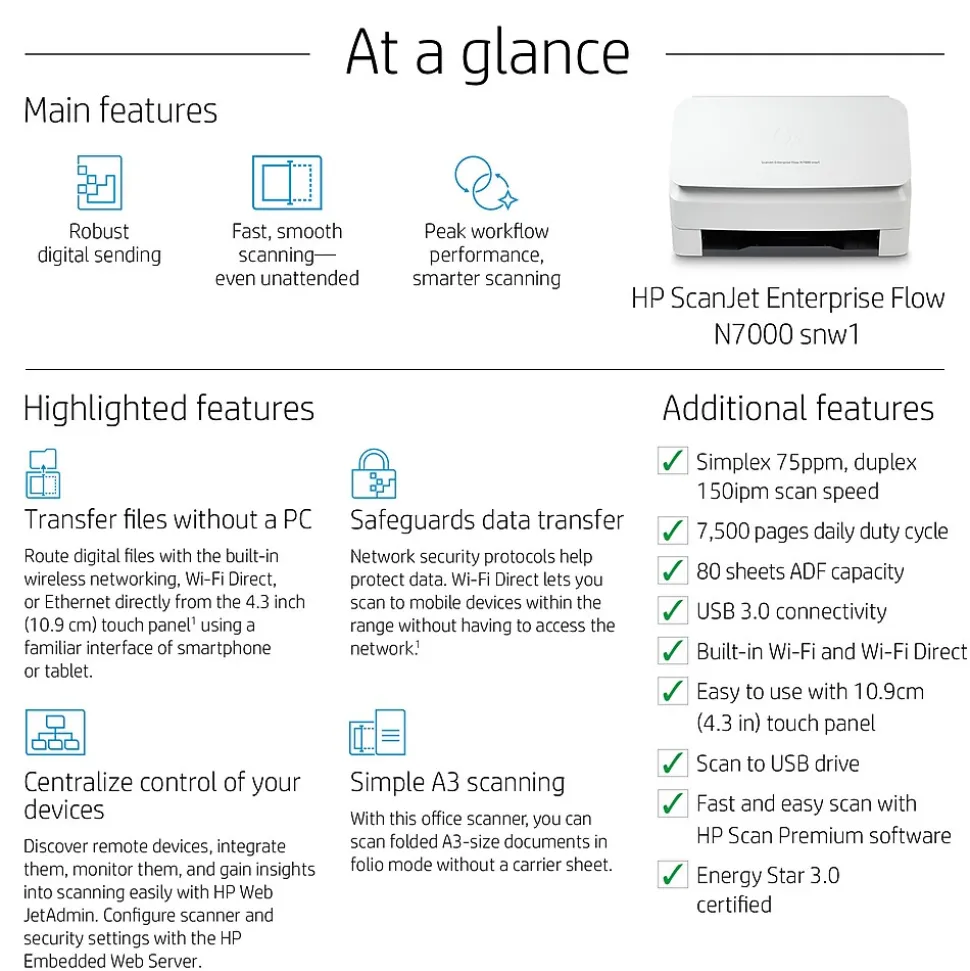 HP ScanJet Enterprise Flow N7000 Snw1 Duplex Desktop Document Scanner, White (6FW10A#BGJ)