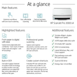 HP Scanjet Pro 3000 s4 Duplex Desktop Document Scanner, White (6FW07A#BGJ)