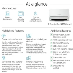 HP Scanjet Pro N4000 Snw1 Duplex Desktop Document Scanner, White (6FW08A#BGJ)