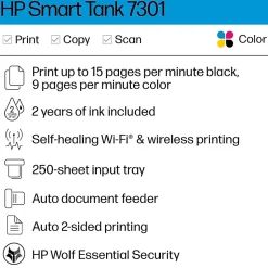 HP Smart Tank 7301 Wireless All-in-One Color Ink Tank Printer Scanner Copier, 2 years ink included (28B70A)