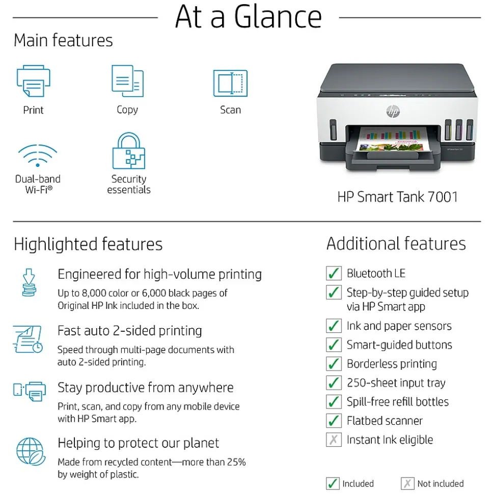 HP Smart Tank 7001 Wireless All-in-One Color Ink Tank Printer Scanner Copier, 2 years ink included (28B49A)