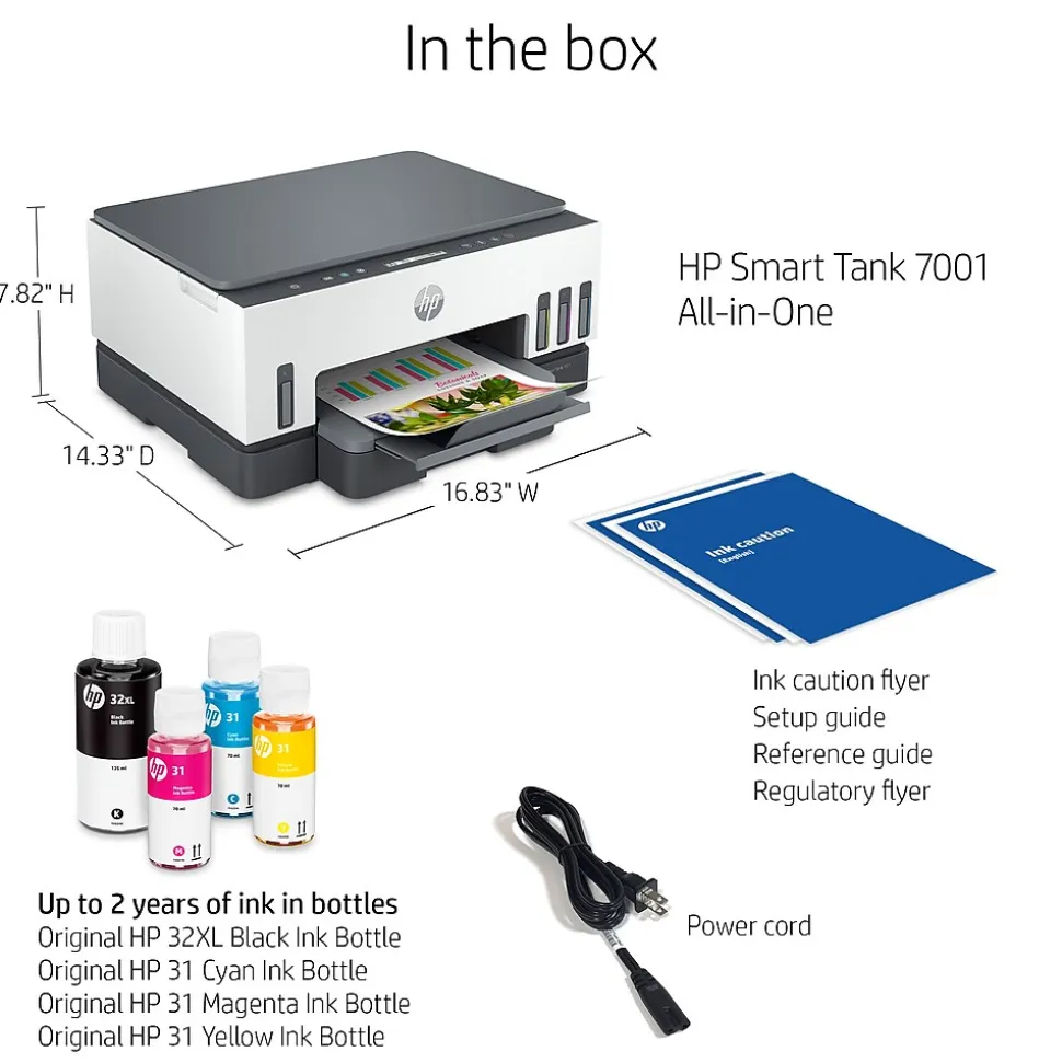 HP Smart Tank 7001 Wireless All-in-One Color Ink Tank Printer Scanner Copier, 2 years ink included (28B49A)