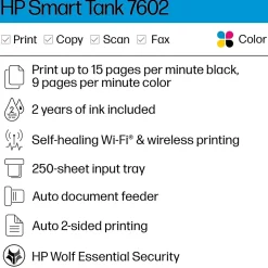 HP Smart Tank 7602 Wireless All-in-One Color Ink Tank Printer Scanner Copier Fax, 2 years of ink (28B98A)