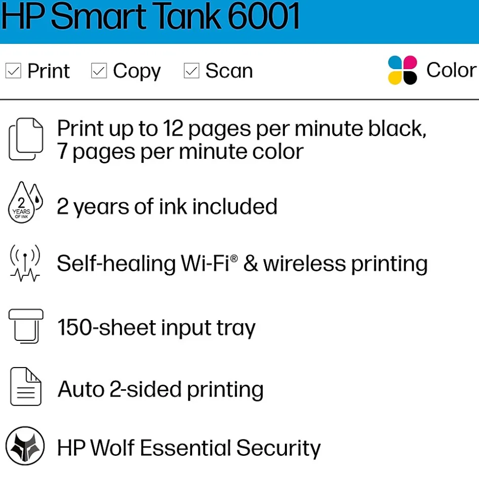 HP Smart Tank 6001 Wireless All-in-One Color Ink Tank Printer Scanner Copier, 2 years ink included (2H0B9A)
