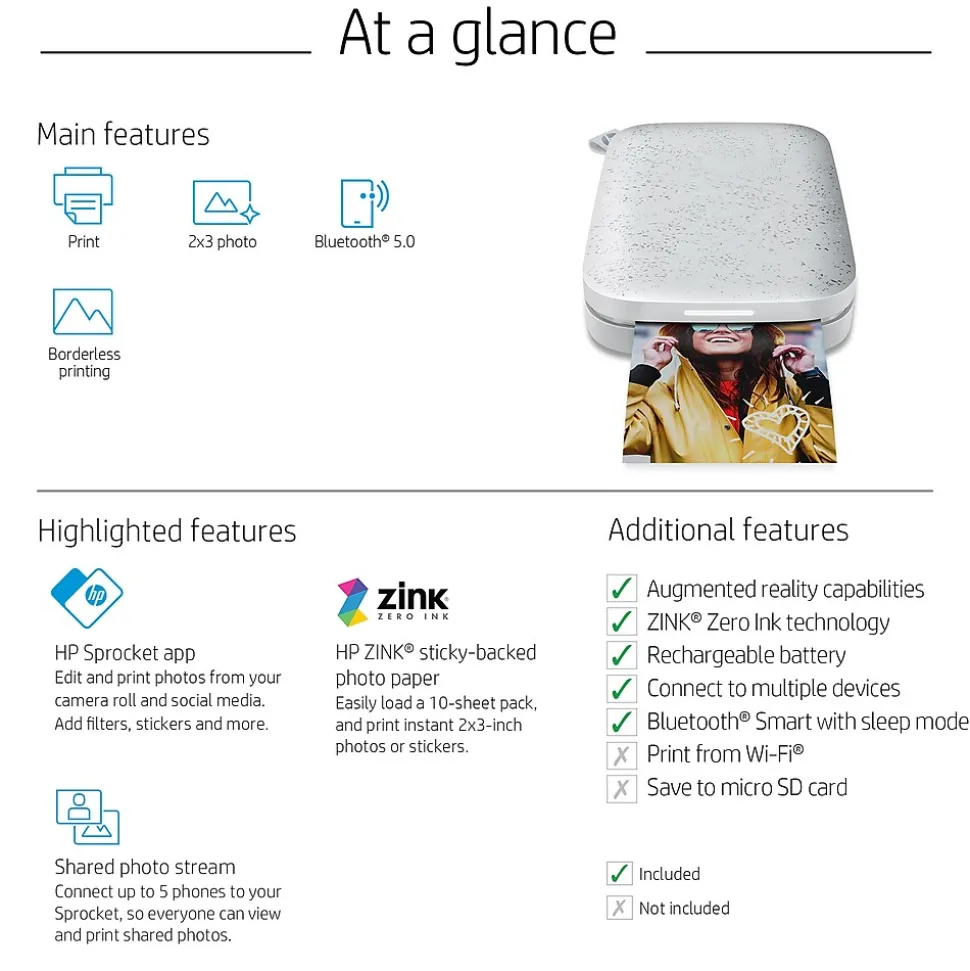 HP Sprocket 200 Wireless Color Inkjet Printer, Single-Function, Print (HPISPW)