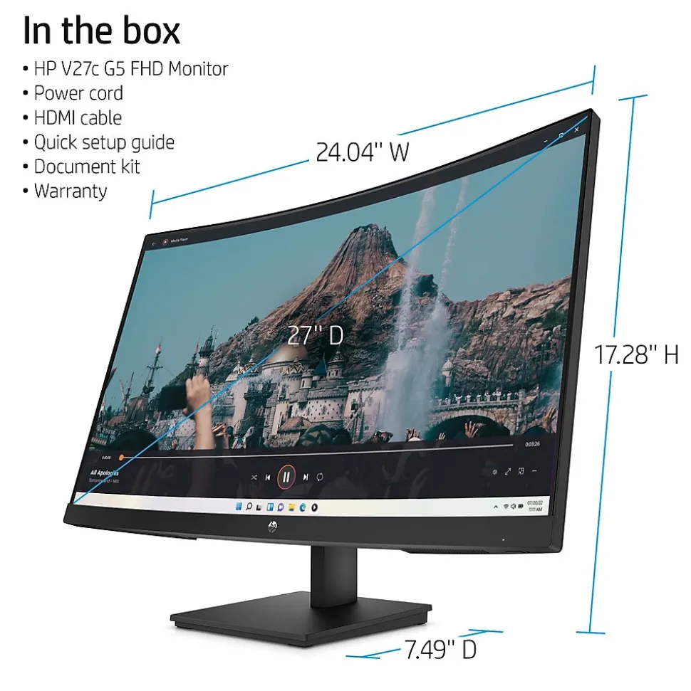 HP V27c G5 27" Curved LCD Monitor, Black (65P60AA#ABA)