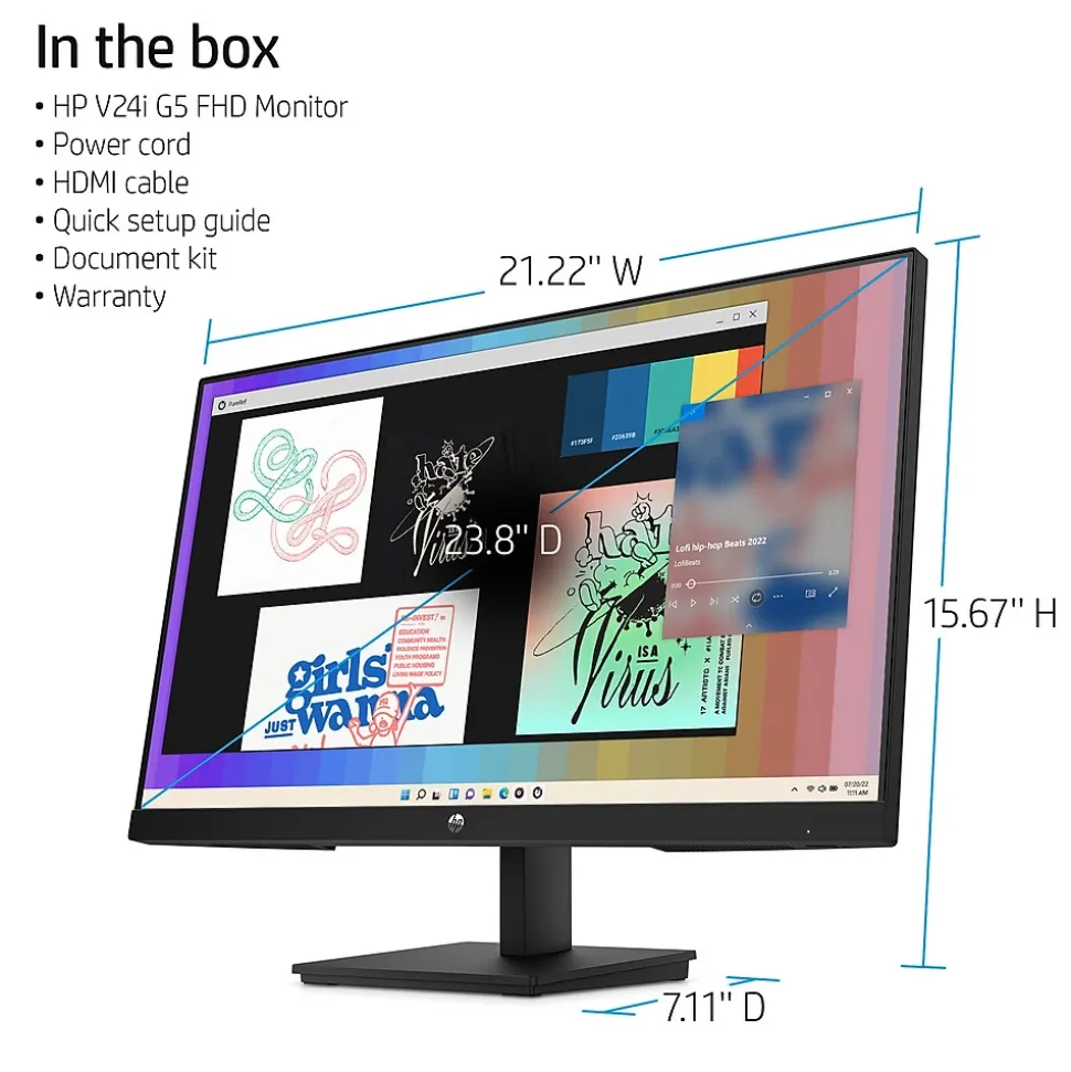 HP V24i G5 24" LCD Monitor, Black (65P58AA#ABA)