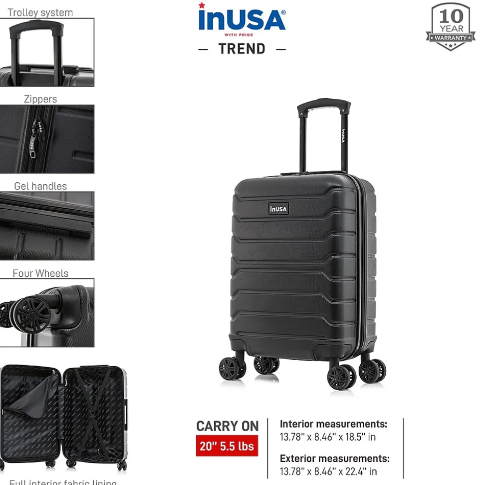InUSA Trend 20" Hardside Carry-On Suitcase, 4-Wheeled Spinner, Black (IUTRE00S-BLK)
