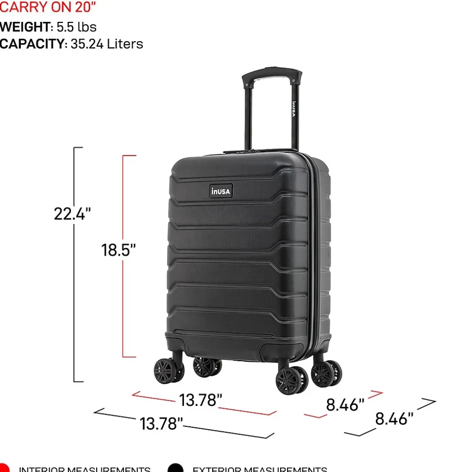 InUSA Trend 20" Hardside Carry-On Suitcase, 4-Wheeled Spinner, Black (IUTRE00S-BLK)