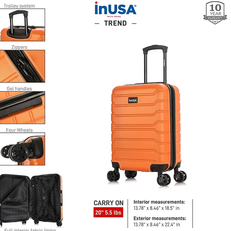 InUSA Trend 20" Hardside Carry-On Suitcase, 4-Wheeled Spinner, Orange (IUTRE00S-ORA)