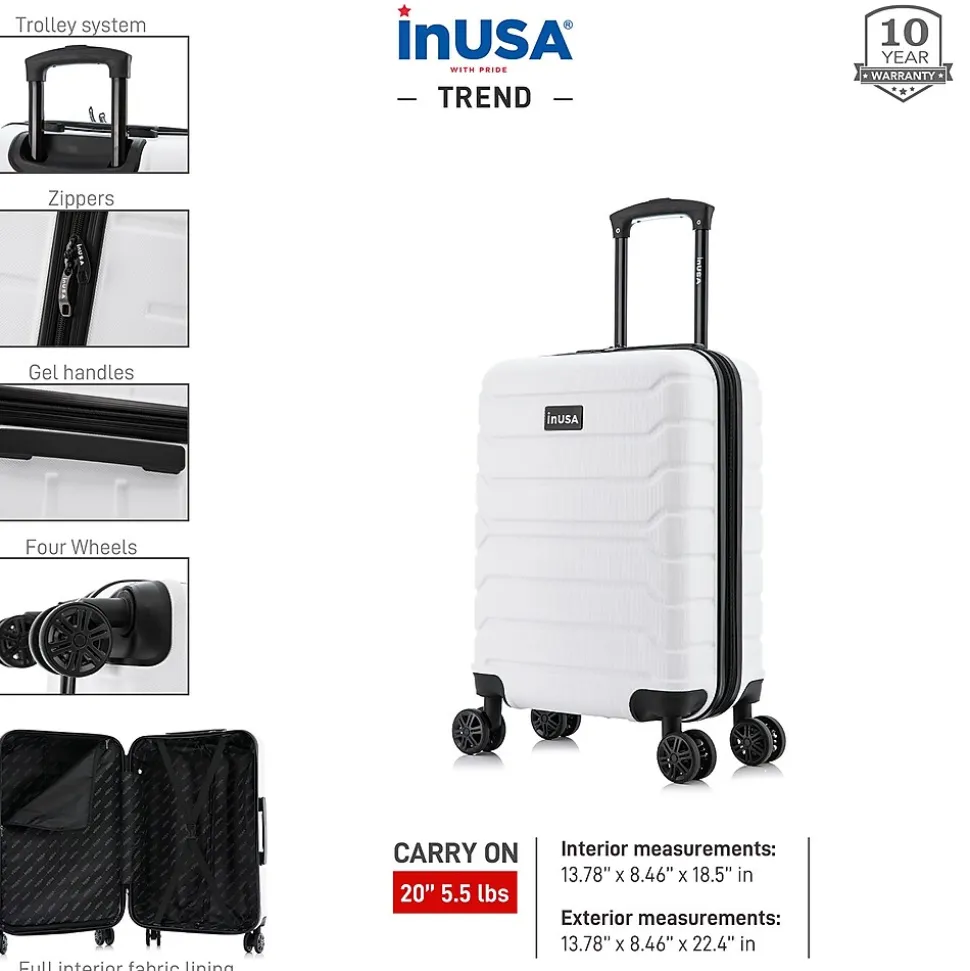 InUSA Trend 20" Hardside Carry-On Suitcase, 4-Wheeled Spinner, White (IUTRE00S-WHI)