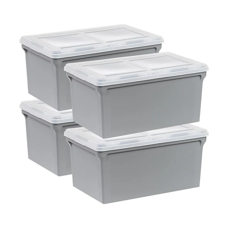 Iris Plastic File Box with Split Lid, Letter Size, Gray, 4/Pack (500167)
