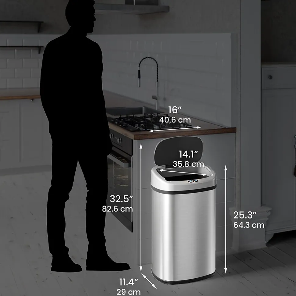 iTouchless SensorCan Stainless Steel Sensor Trash Can with AbsorbX Odor Control System, Silver, 13 gal. (ITOS13B)