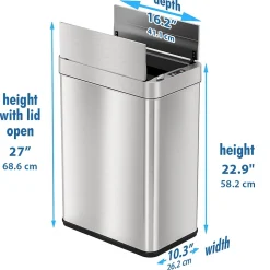 iTouchless Stainless Steel Wings Open Lid Sensor Trash Can with AbsorbX Odor Control, Silver, 13 gal. (WS13RSL)