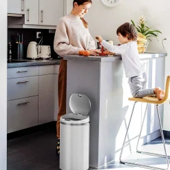 iTouchless Stainless Steel Round Sensor Trash Can with AbsorbX Odor Control System, White, 8 Gal. (MT08RW)