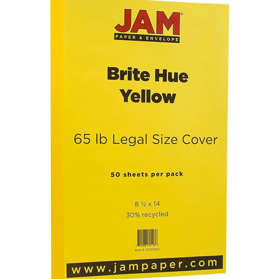 JAM Paper 65 lb. Cardstock Paper, 8.5" x 14", Brite Hue Yellow, 50 Sheets/Pack (16730930)
