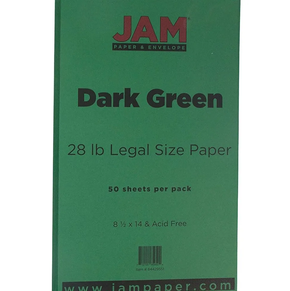JAM Paper 8.5" x 14" Color Multipurpose Paper, 28 lbs., Dark Green, 50 Sheets/Ream (64429551)
