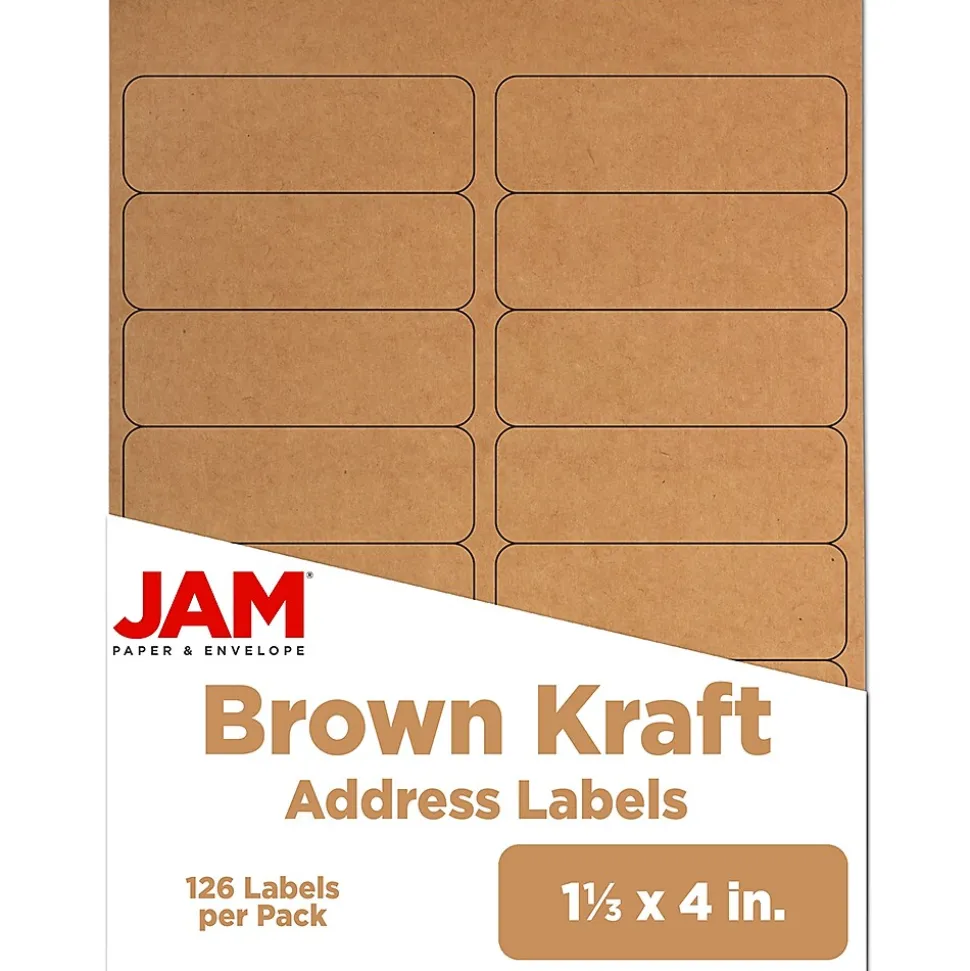 JAM Paper Address Labels, 1 1/3" x 4" , Brown Kraft, 14 Labels/Sheet, 9 Sheets/Pack (359330336)