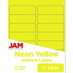 JAM Paper Address Labels, 1 1/3" x 4", Neon Yellow, 14 Labels/Sheet, 9 Sheets/Pack (359329614)