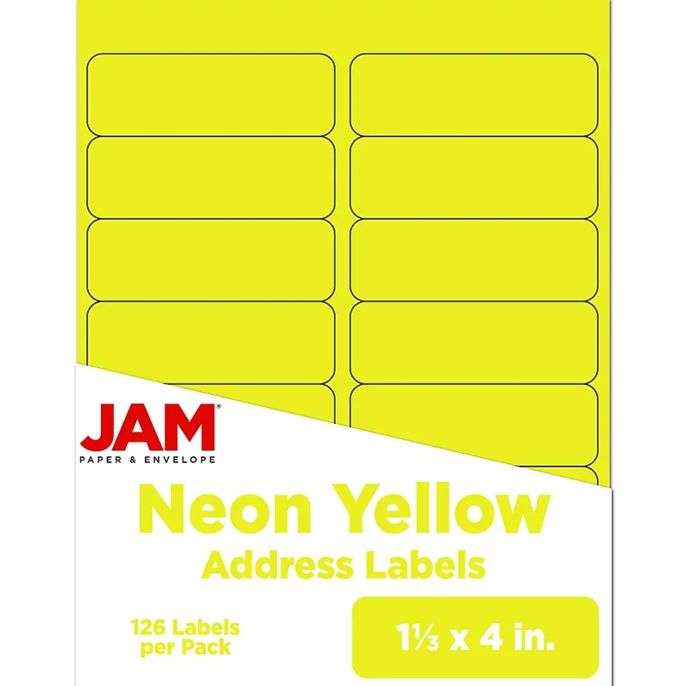 JAM Paper Address Labels, 1 1/3" x 4", Neon Yellow, 14 Labels/Sheet, 9 Sheets/Pack (359329614)