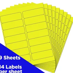JAM Paper Address Labels, 1 1/3" x 4", Neon Yellow, 14 Labels/Sheet, 9 Sheets/Pack (359329614)