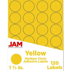 JAM Paper Circle Round Label Sticker Seals, 1 2/3 Inch Diameter, Yellow, 24 Labels/Sheet, 5 Sheets/Pack (147627067)