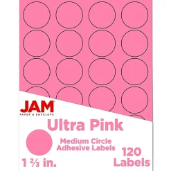 JAM Paper Circle Round Label Seals, 1 2/3" Diameter, Ultra Pink, 24 Labels/Sheet, 5 Sheets/Pack (147627062)
